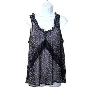 Bisou Bisou Floral Top Lace Trim Semi Sheer Black & Gray Ruffled Neck EUC Sz L